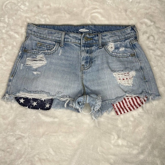 Old Navy Boyfriend Blue Stars & Stripes Mid Rise Cut-Off Denim Jean Shorts Sz 0 - Picture 10 of 10